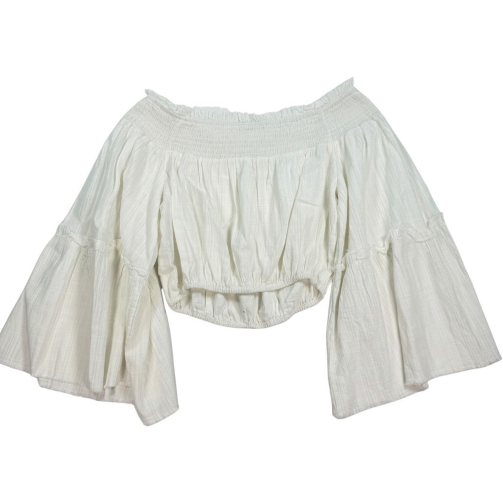 Promesa Womens White Off The Shoulder Bell Sleeve Smocked Crop Top NWT Size M